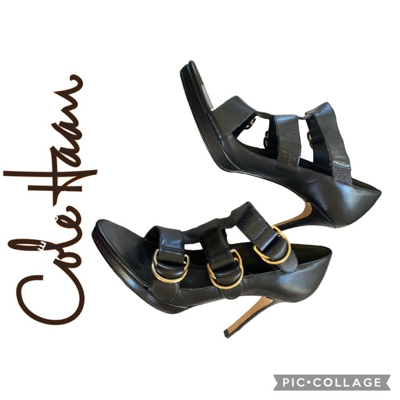 Cole Haan Open Toe Leather Buckle Heels - Picture 2 of 10